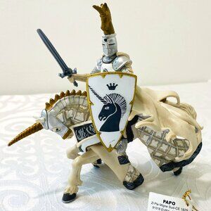 Papo Weapon Master Unicorn White Knight on Horse, w/ Sword, Shield 6", 2007, EUC